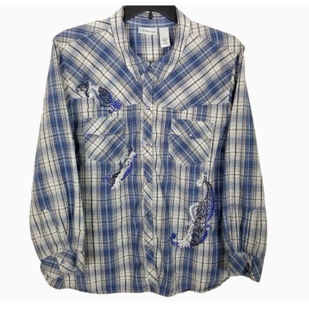 Liz Me CATHERINES Womens Western Pearl Snap Shirt Sz 3X Plaid Embroidered NEW‎